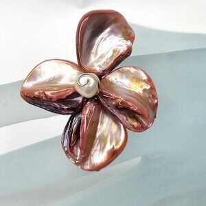 Peach Pink Shell with Freshwater Pearl Bead Asymmetric Flower Adjustable Ring